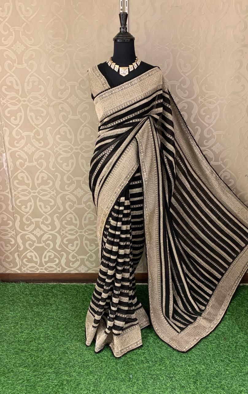 Luxurious Striped Saree Gorgette saree Indian sari blouse