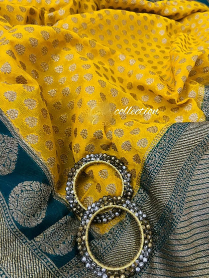 Yellow Banarsi khaddi gorgette sarees Indian saree