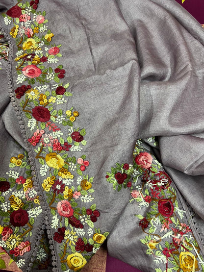 Lavender tussar saree French knot sarees hand embroidered sarees blouse