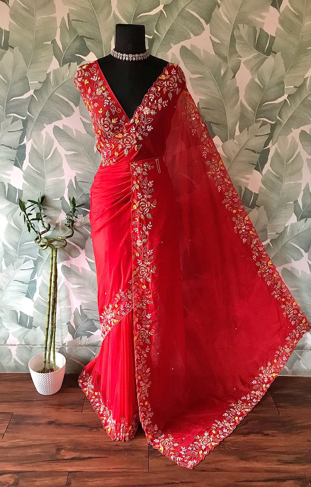 Red premium satin saree organza silk saree beautiful sari blouse