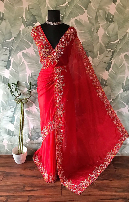 Red premium satin saree organza silk saree beautiful sari blouse