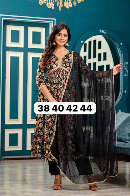 Varisha black floral Kurti Dupatta set