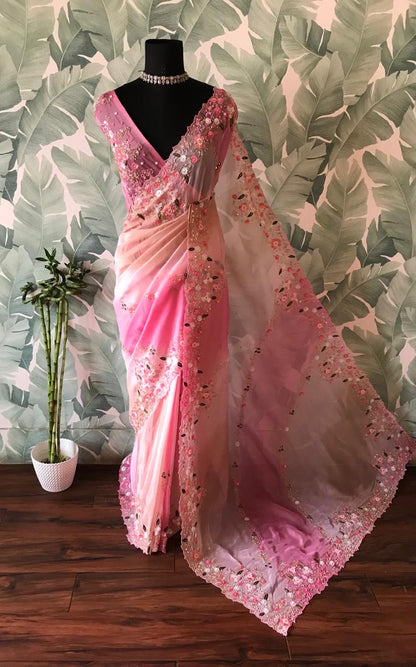Premium ombre satin organza silk saree women sari blouse