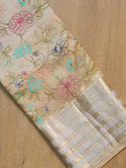 Floral Tissue Katan Embroidery Saree Indian Sari