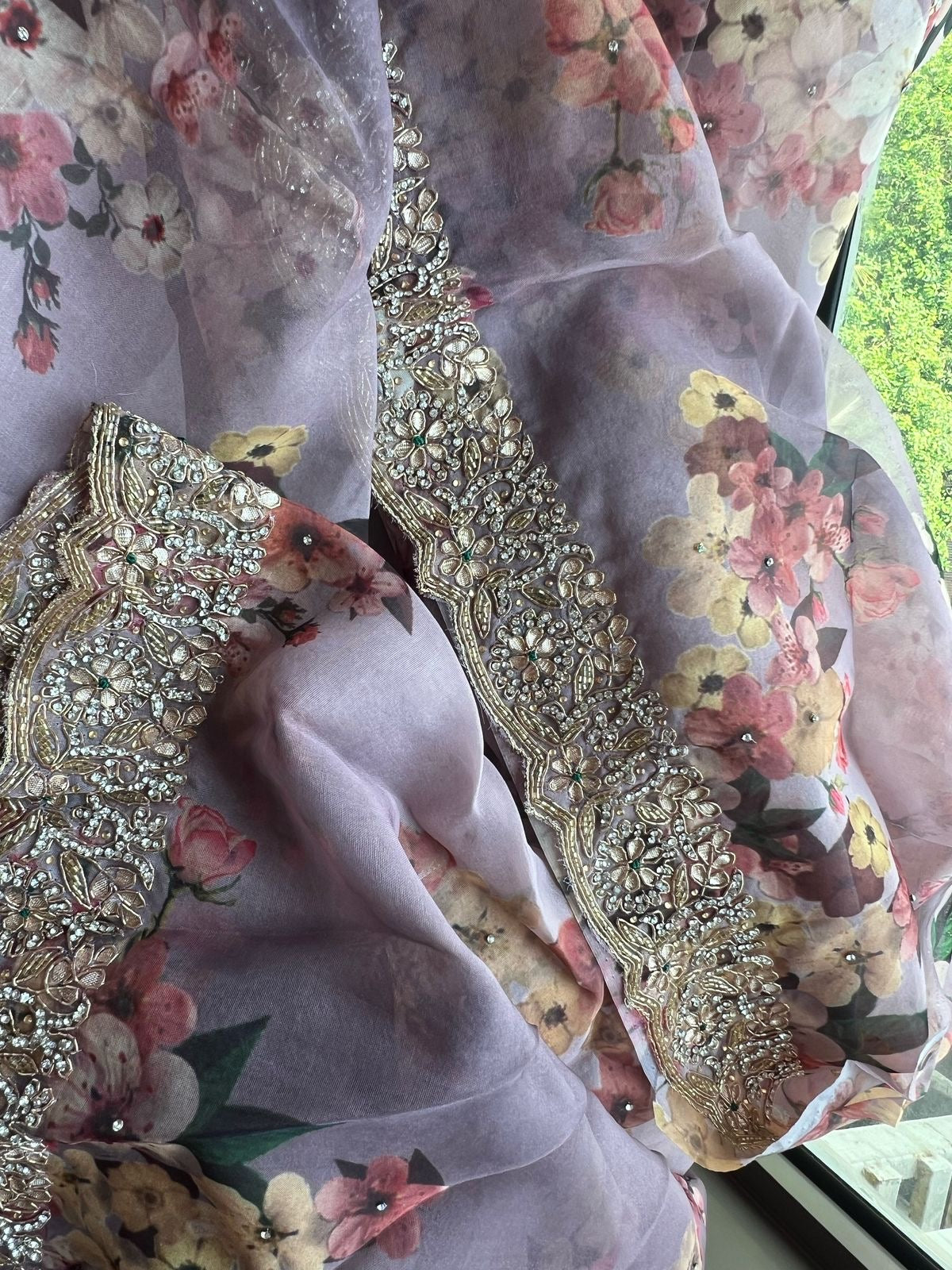 Lavender saree floral saree organza saree Partywear sari blouse