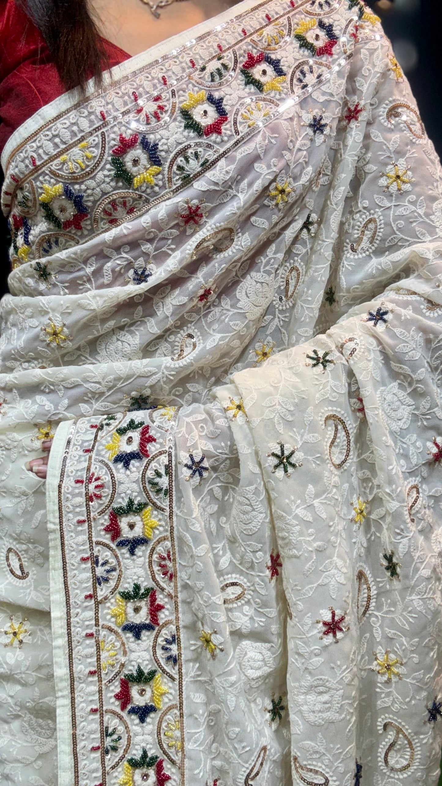 White Chikankari saree Gorgette sari blouse Indian sarees wom clothing