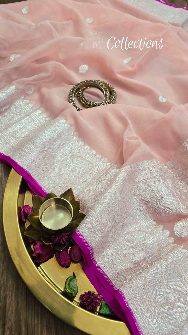 Peach banarsi chiffon saree handwoven sari blouse