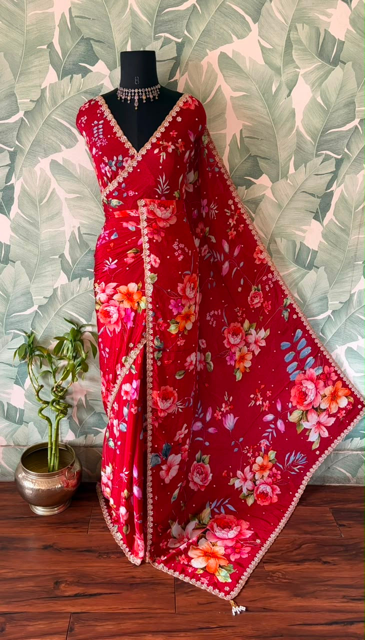 Red printed saree valentine sarees blouse Indian sari Partywear saree