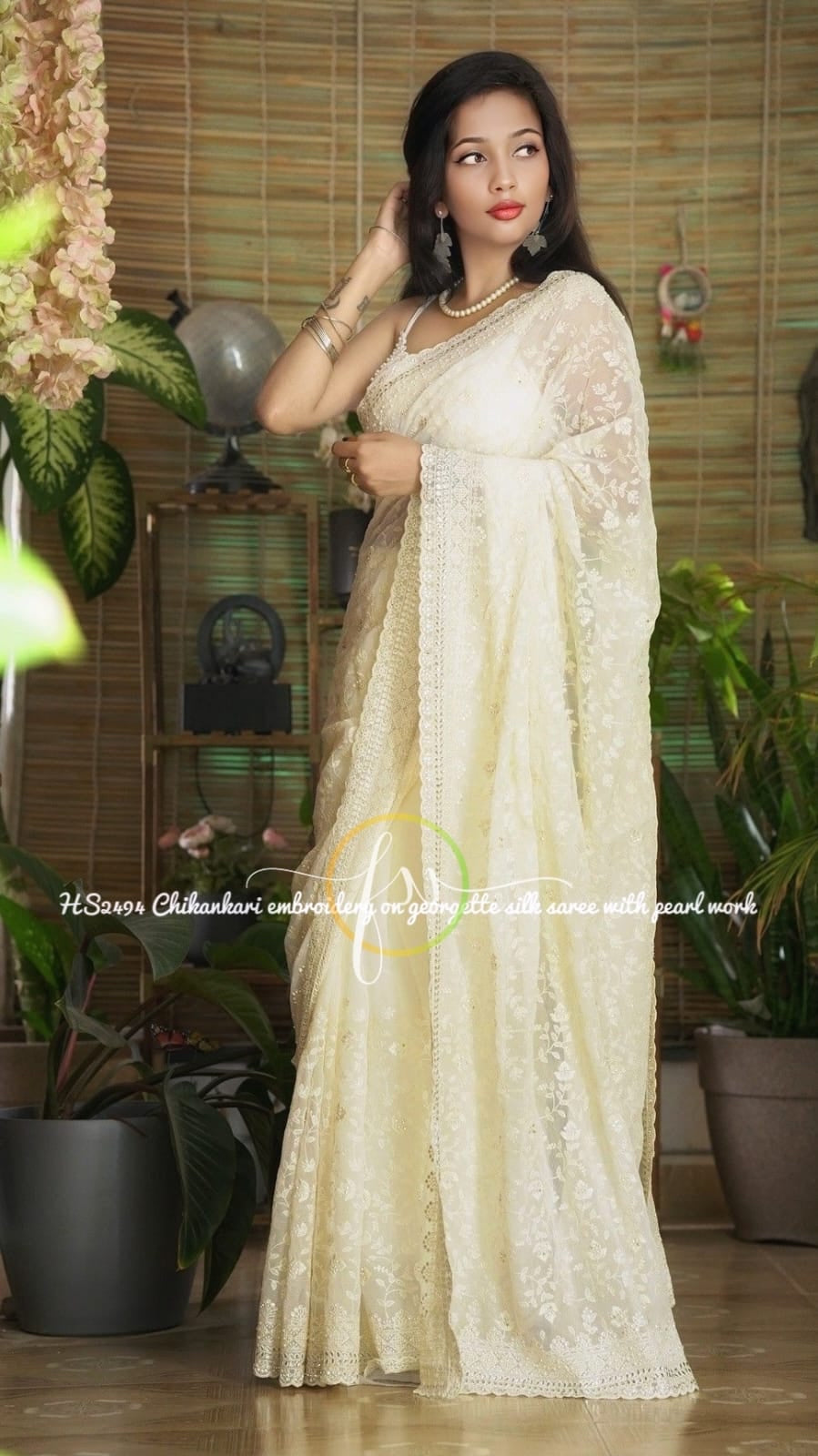 Heena gorgette Chikankari milky white saree