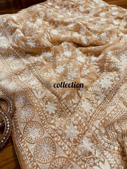 Norah gorgette Chikankari saree