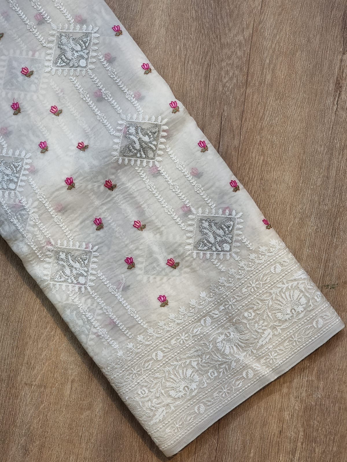 White organza silk embroidery sarees