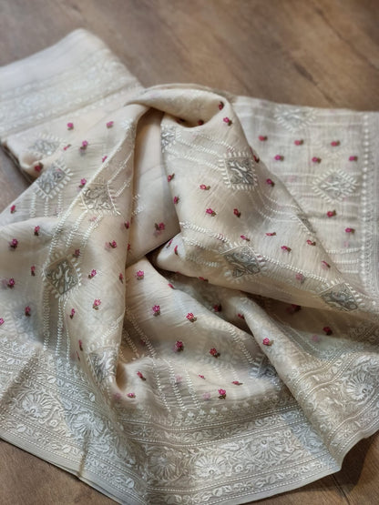 White organza silk embroidery sarees