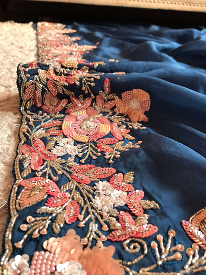 Royal blue luxury organza saree