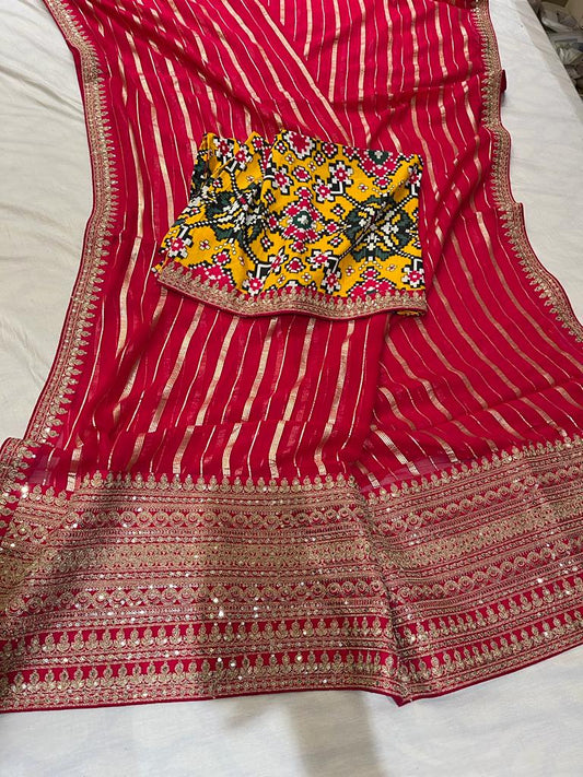 Red Patola striped gorgette saree