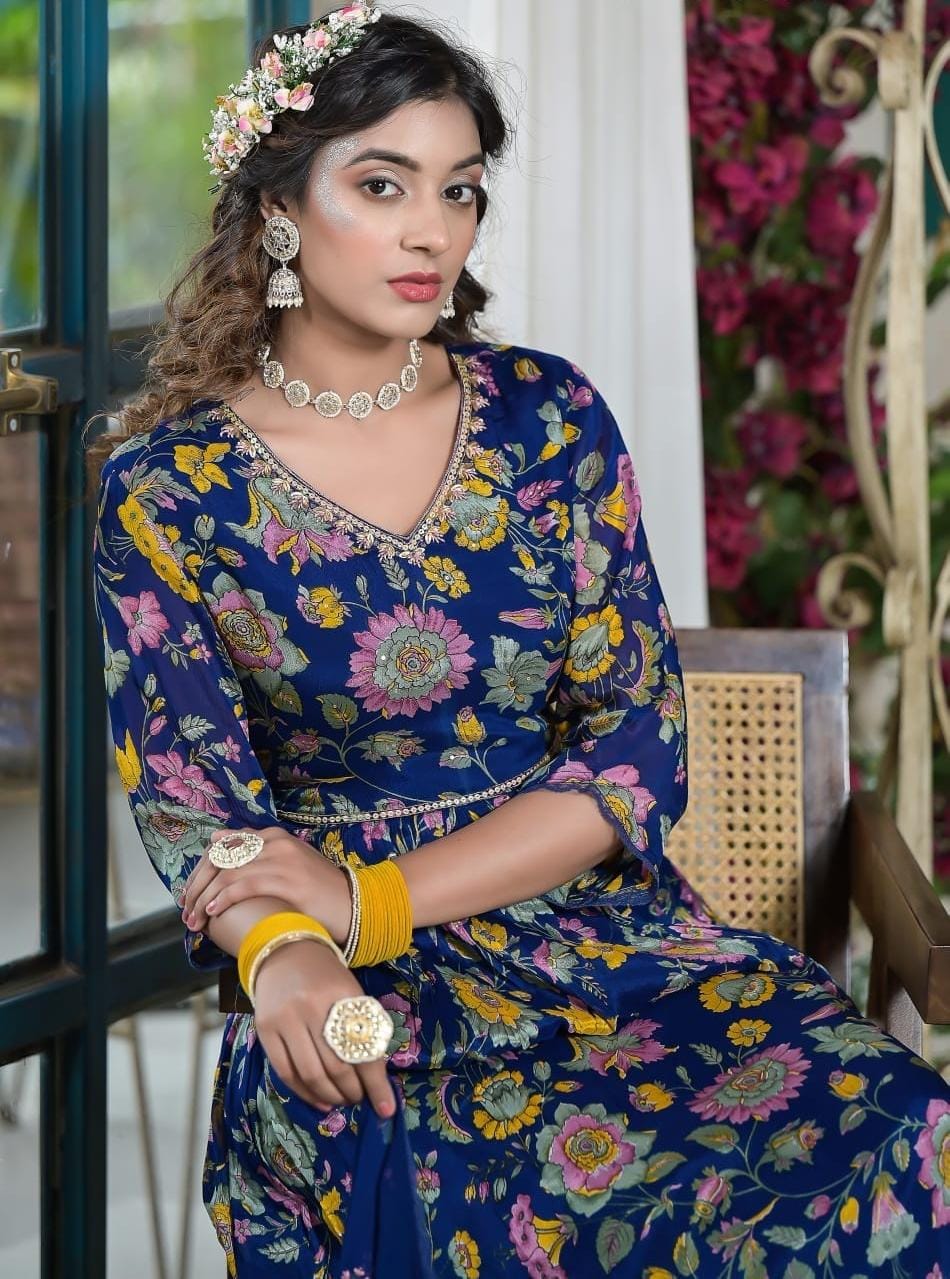 Floral blue Anarkali Kurti dress