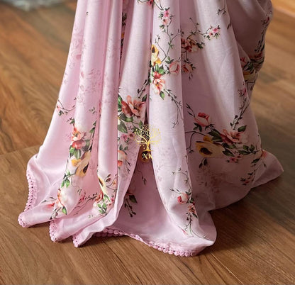 Pink floral crepe satin saree