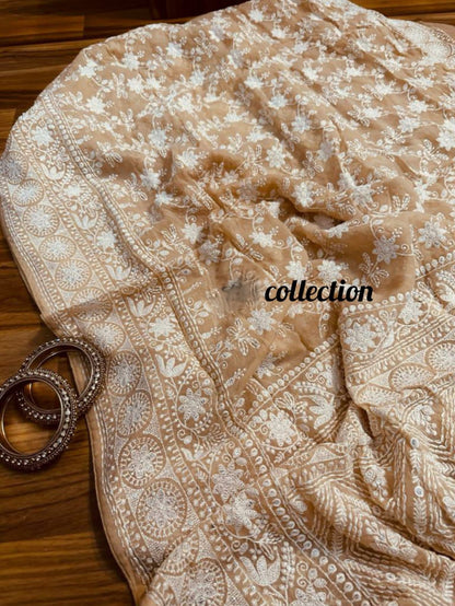 Norah gorgette Chikankari saree