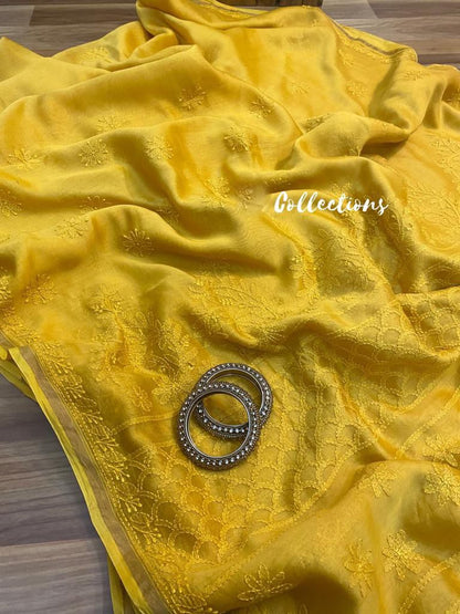 Lemon Chanderi chikankari handwoven saree