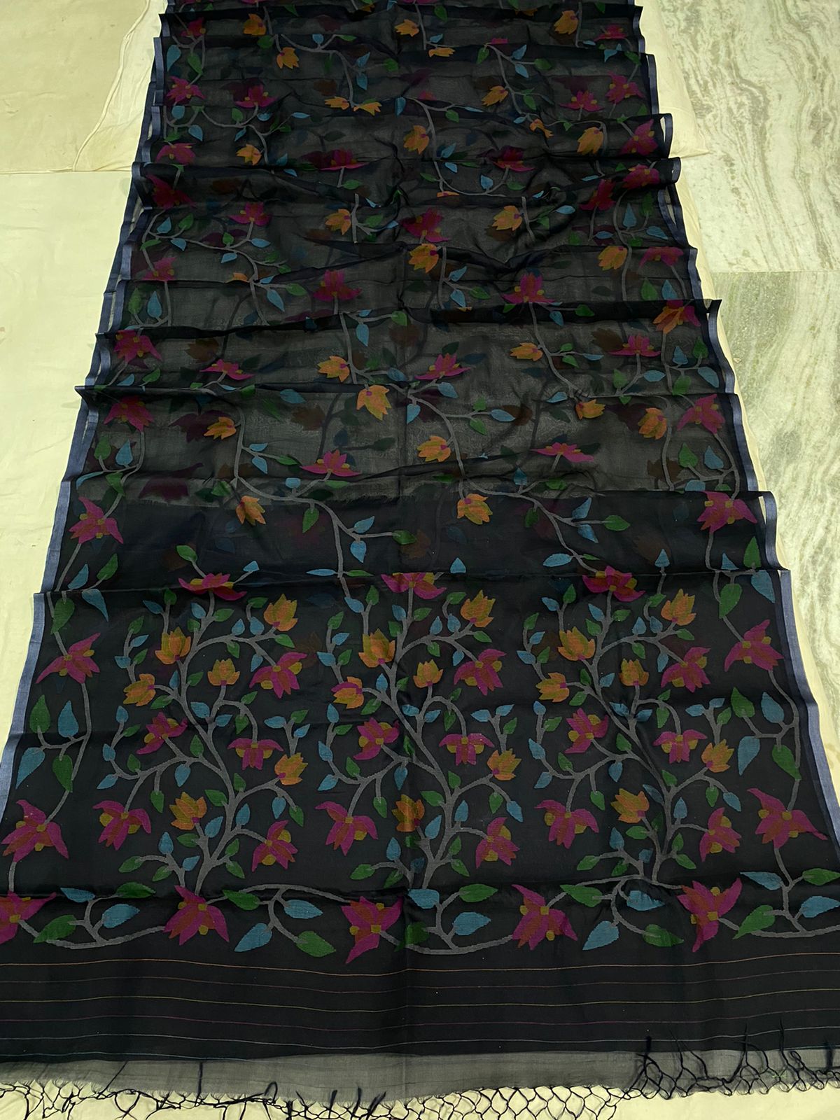 Vamika black floral tantuj jamdani saree
