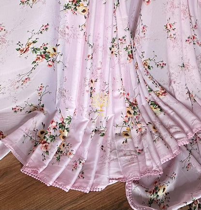 Pink floral crepe satin saree