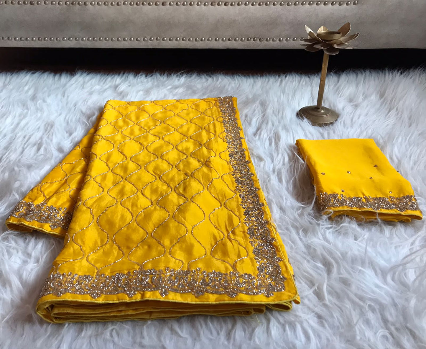Yellow chiffon crepe feather sarees
