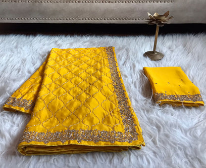Yellow chiffon crepe feather sarees