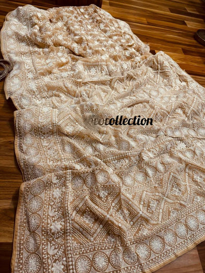 Norah gorgette Chikankari saree