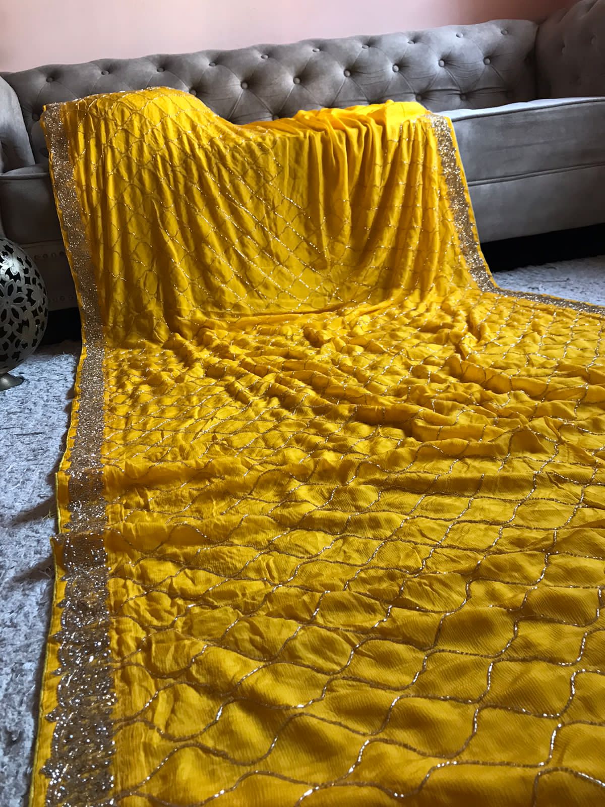 Yellow chiffon crepe feather sarees