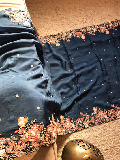 Royal blue luxury organza saree