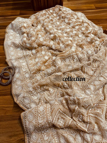 Norah gorgette Chikankari saree