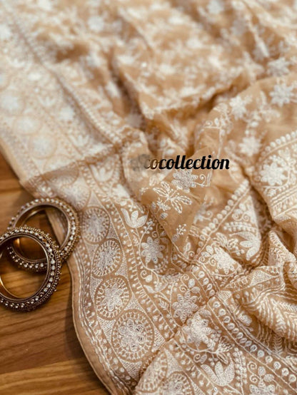 Norah gorgette Chikankari saree