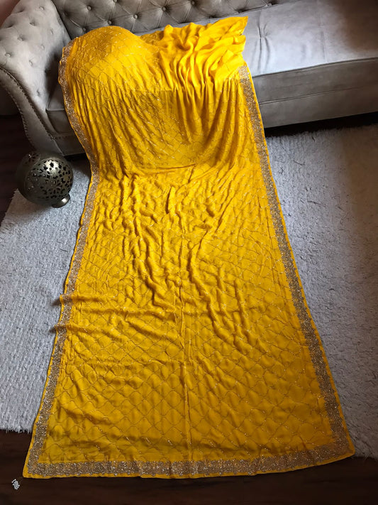 Yellow chiffon crepe feather sarees