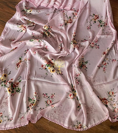 Pink floral crepe satin saree