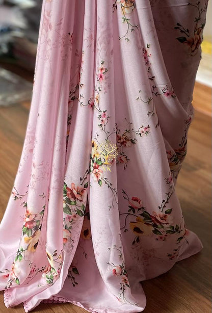 Pink floral crepe satin saree