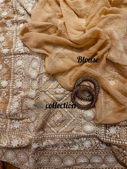 Norah gorgette Chikankari saree