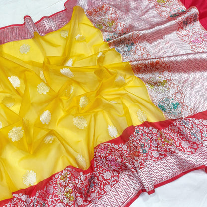 Yellow Katan handwoven kadwa saree