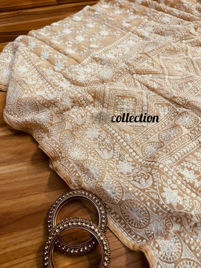 Norah gorgette Chikankari saree