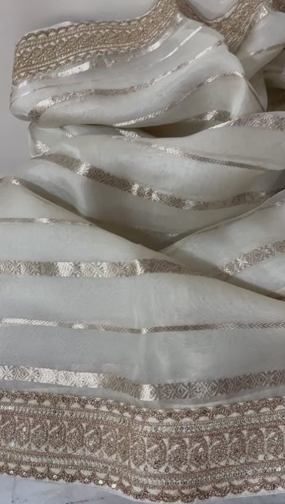 Striping kora Banarasi saree
