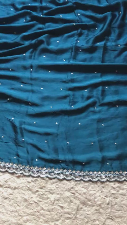 Teal blue satin saree