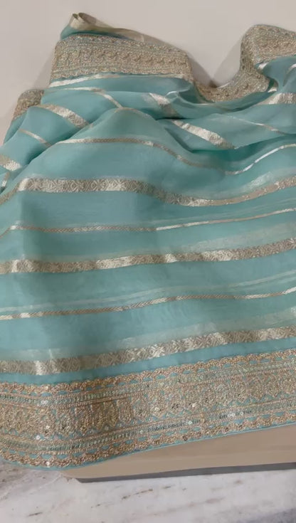 Striping kora Banarasi saree