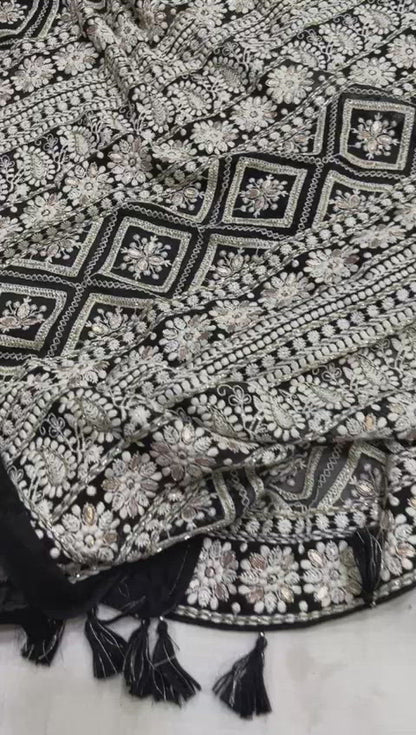 Black white inspired chikankari saree