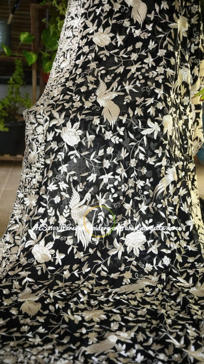 Black Parsi gorgette sari