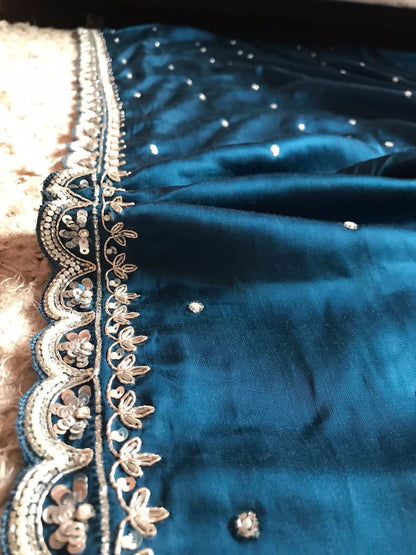 Teal blue satin saree