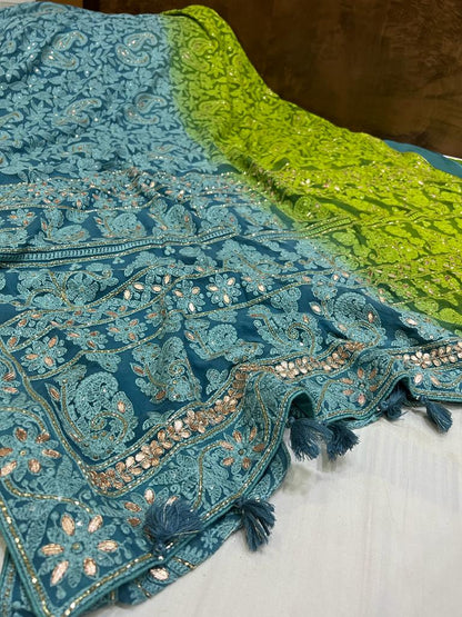 Dyed chikankari gorgette saree