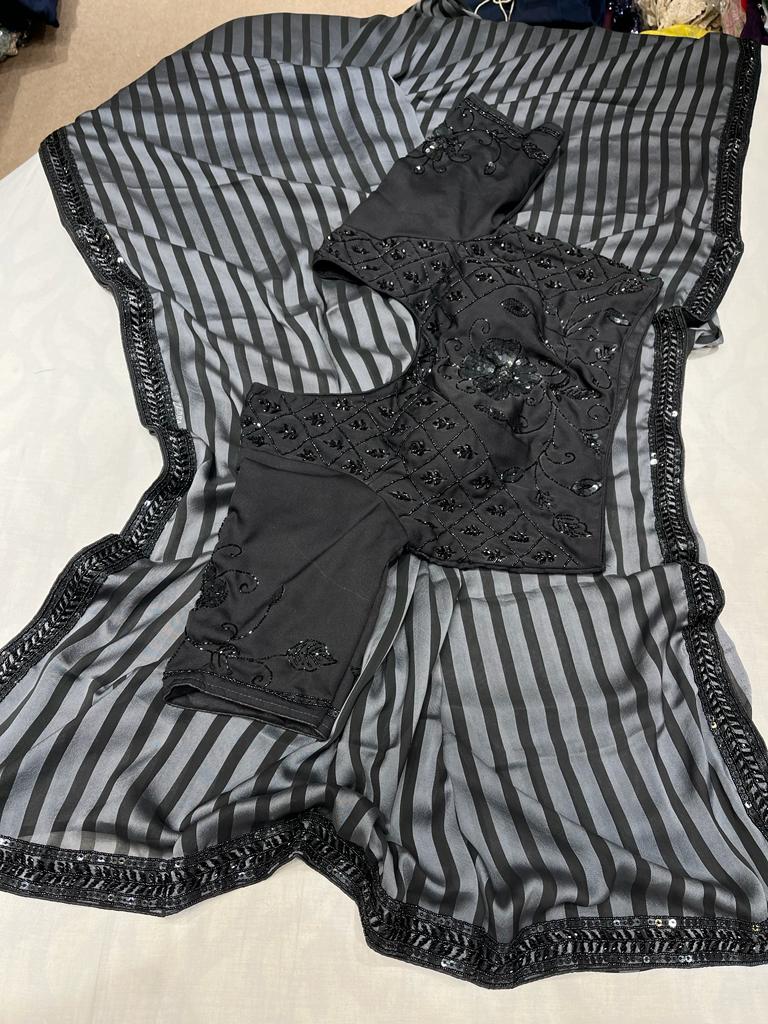 Striped sexy zardosi gorgette saree