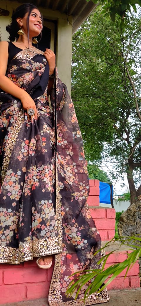 Floral black gottapatti organza saree