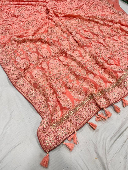 Albeli chikankari gorgette saree