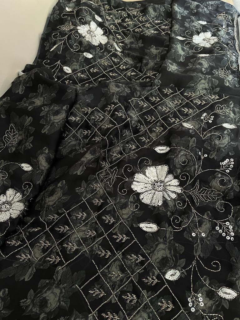 Black floral satin saree
