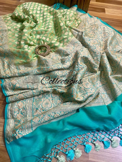 Shaded green khaddi gorgette saree