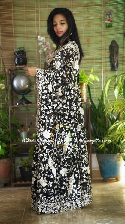 Black Parsi gorgette sari
